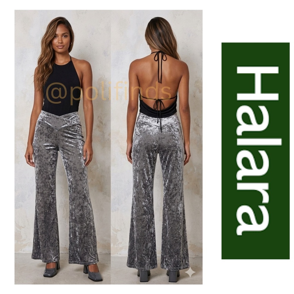 HALARA Grey Velvet Flare Soft Flowy Stylish V Front Women’s Flare Pants